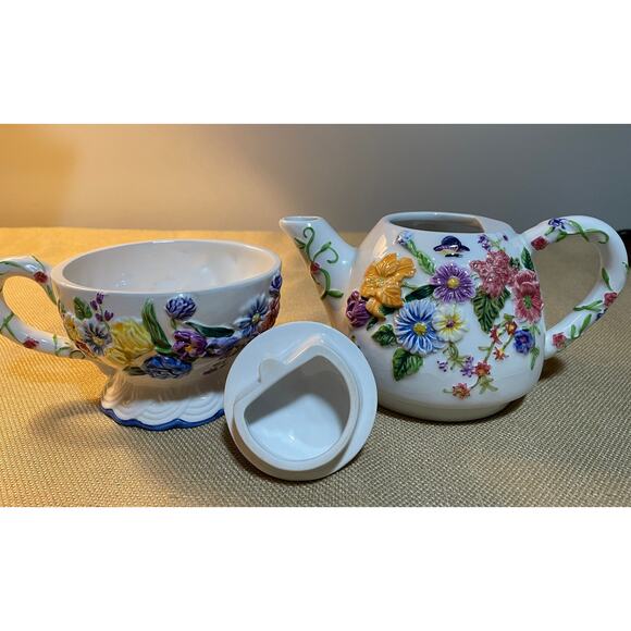 Bella Casa by Ganz Ceramic Floral Teapot and Cup, Read all Details - Picture 5 of 9